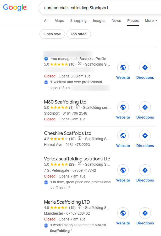 A Google search for commercial scaffolding Stockport. The top result is a Construction Media client with a 5.0 rating from 10 reviews and a badge confirming we manage the profile, with their name blurred. Below them sit competitors with 1, 10, 29 and 15 reviews.